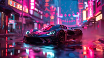 A 3d render of a supercar against a neon-lit city backdrop   AI generated illustration - obrazy, fototapety, plakaty