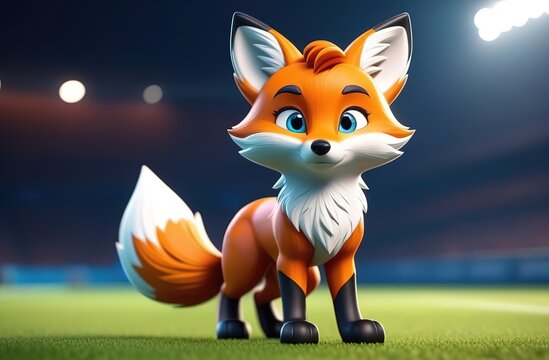 A cartoon fox with a fluffy tail is playing football at the stadium. The Olympic Games 2024. In the summer. It's fun entertainment. Sports events. The Olympic Games 2024. In the summer.