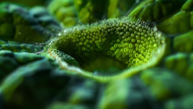 A closeup image of a single stoma on a plant leaf showing its unique shape and structure. The guard cells can be seen tightly surrounding . AI generation.
