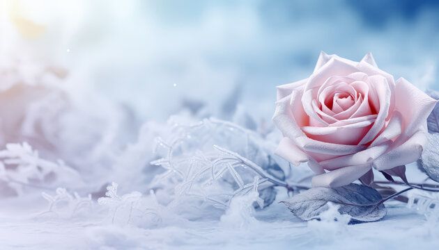 A pink rose is the main focus of the image, with a snowy background