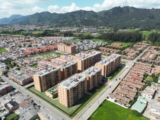 Aerial shot of apartment building complex at an urban landscape in Chia, Cundinamarca, Colombia