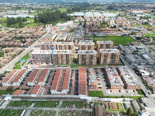Aerial shot of apartment building complex at an urban landscape in Chia, Cundinamarca, Colombia