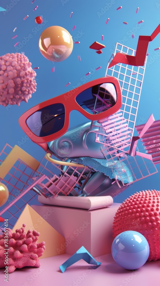 Poster retro s vibes with abstract 3d objects 3d style isolated flying objects memphis style 3d render ai g