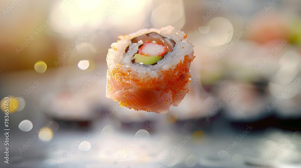 Poster use a mix of warm and cool tones to highlight a floating piece of sushi ai generated illustration