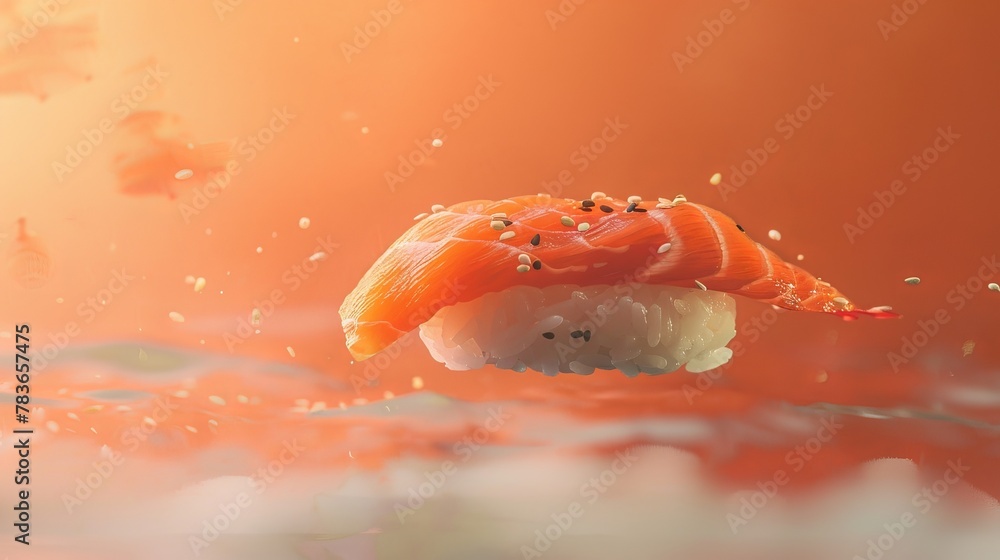 Poster Use a mix of warm and cool tones to highlight a floating piece of sushi   AI generated illustration