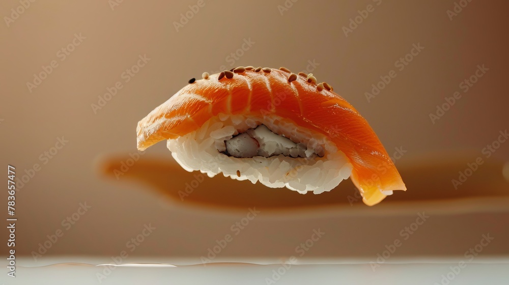 Poster use a mix of warm and cool tones to highlight a floating piece of sushi ai generated illustration