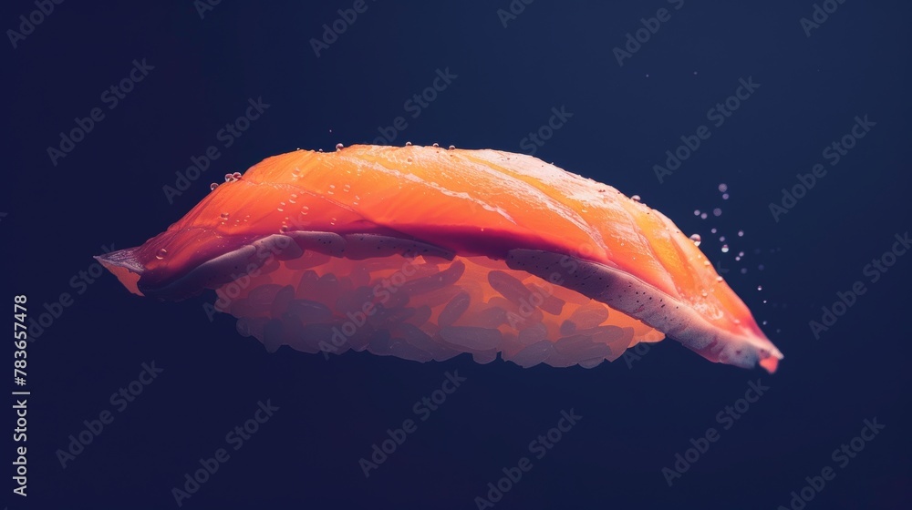 Poster Use a mix of warm and cool tones to highlight a floating piece of sushi   AI generated illustration