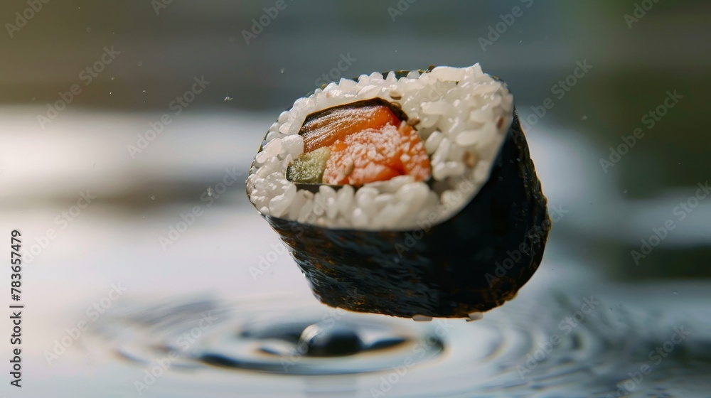 Poster use a mix of warm and cool tones to highlight a floating piece of sushi ai generated illustration