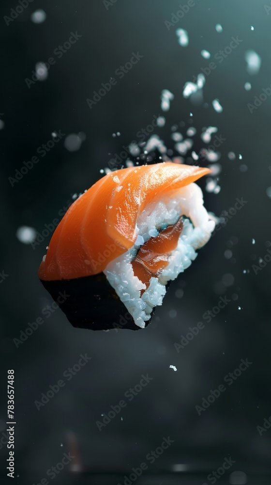 Poster Use a mix of warm and cool tones to highlight a floating piece of sushi   AI generated illustration
