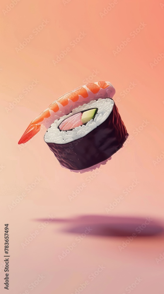 Aufkleber use a mix of warm and cool tones to highlight a floating piece of sushi ai generated illustration