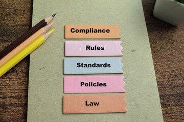 Concept of Compliance write on sticky notes with keywords isolated on Wooden Table.