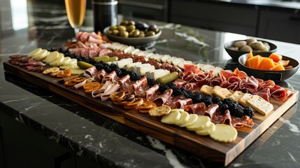 Use a combination of warm and cool tones to highlight the intricate details of a flying charcuterie board   AI generated illustration