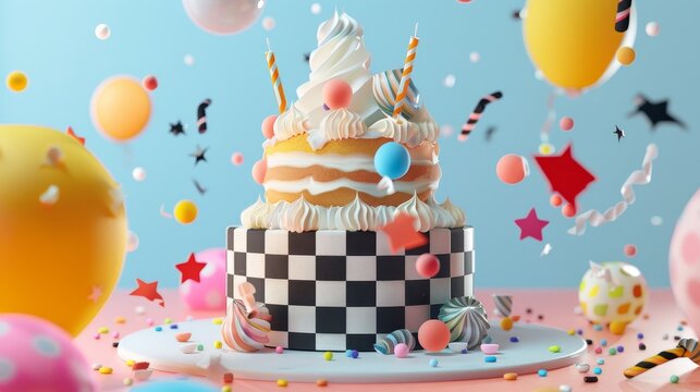 Retro birthday cake with retro decorations 3d style isolated flying objects memphis style 3d render  AI generated illustration