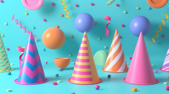 Retro party hats in a 3d style 3d style isolated flying objects memphis style 3d render   AI generated illustration