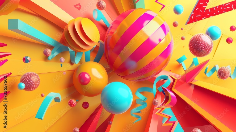 Poster vibrant and dynamic flying shapes in a psychedelic design 3d style isolated flying objects memphis s