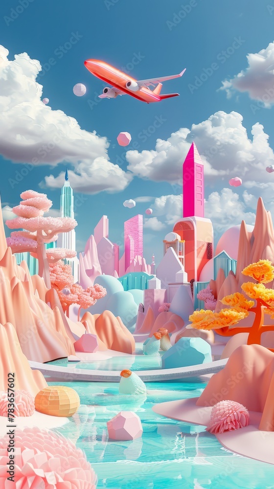 Aufkleber vibrant and abstract travel elements in a surreal landscape 3d style isolated flying objects memphis