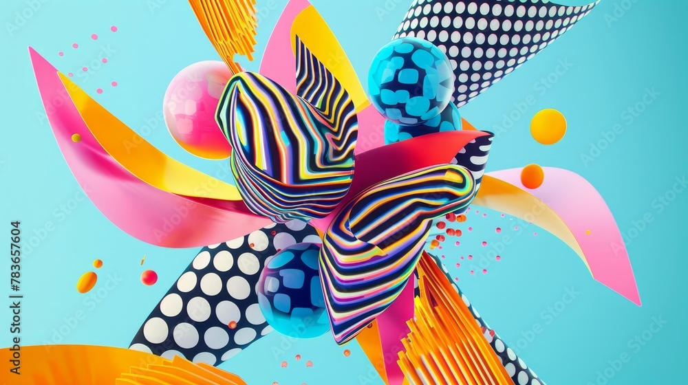 Poster vibrant and dynamic flying shapes in a psychedelic design 3d style isolated flying objects memphis s