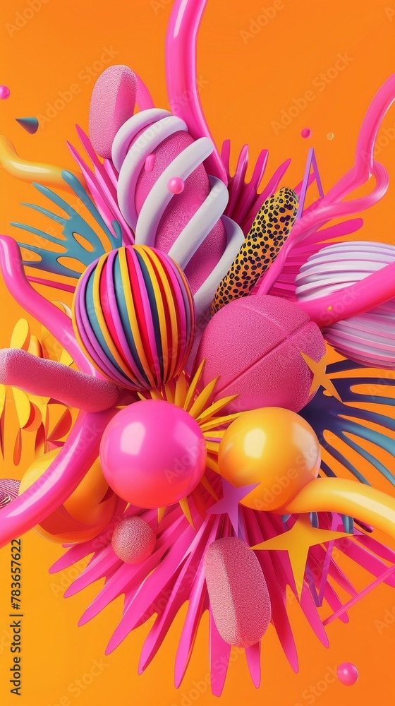Poster vibrant and dynamic flying shapes in a psychedelic design 3d style isolated flying objects memphis s