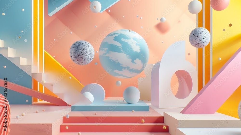 Poster Vibrant and dynamic flying shapes in a surreal setting 3d style isolated flying objects memphis style 3d render   AI generated illustration