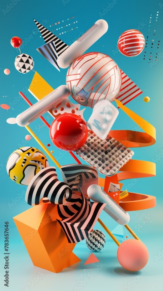 Poster Vibrant and dynamic flying shapes in a surreal setting 3d style isolated flying objects memphis style 3d render   AI generated illustration
