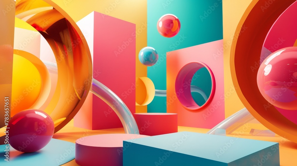 Poster vibrant and dynamic flying shapes in a surreal setting 3d style isolated flying objects memphis styl