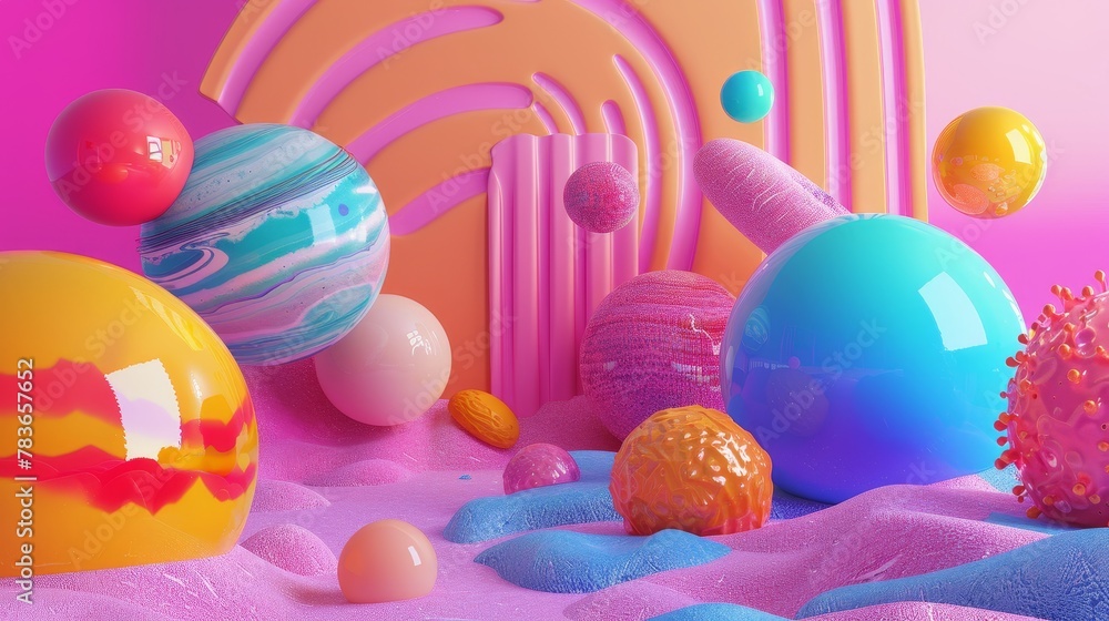 Poster Vibrant and eclectic 3d objects in a cosmic void 3d style isolated flying objects memphis style 3d render  AI generated illustration