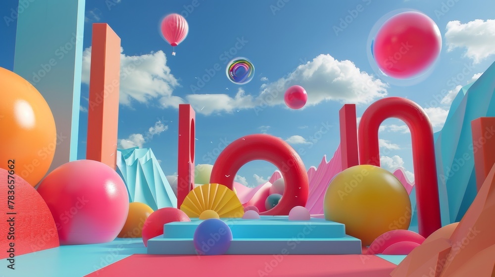 Poster vibrant and dynamic flying shapes in a surreal setting 3d style isolated flying objects memphis styl