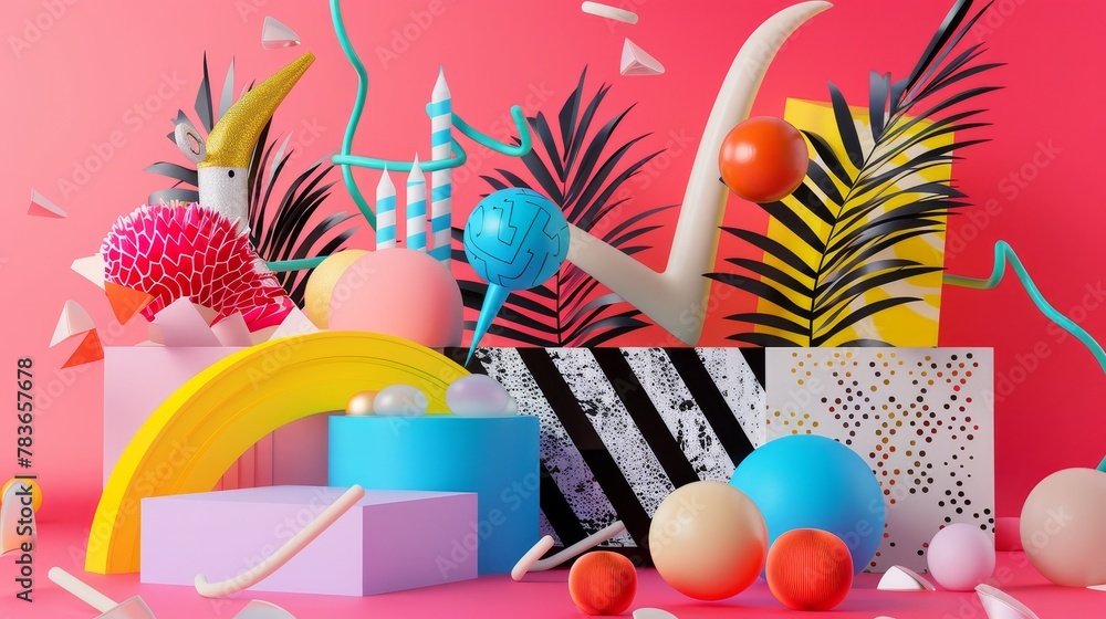 Poster vibrant and eclectic 3d objects in a surreal composition 3d style isolated flying objects memphis st
