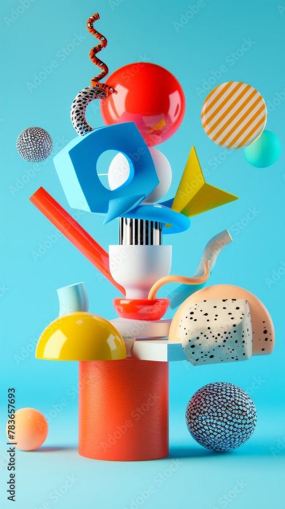 Poster vibrant and eclectic 3d objects in a surreal composition 3d style isolated flying objects memphis st