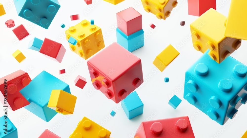 Poster vibrant building blocks in a digital playground 3d style isolated flying objects memphis style 3d re
