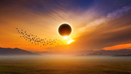 Solar eclipse. Sun behind the clouds and moon. Amazing scientific natural phenomenon