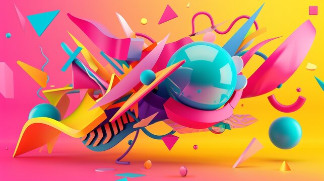 Vibrant and dynamic flying shapes in a psychedelic design 3d style isolated flying objects memphis style 3d render   AI generated illustration