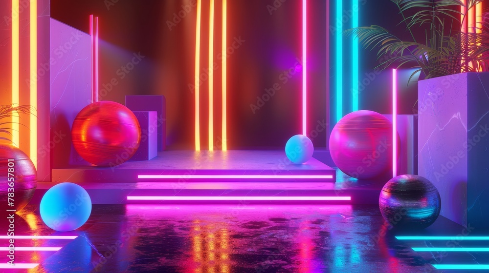 Poster vibrant colors glowing against a neon backdrop 3d style isolated flying objects memphis style 3d ren