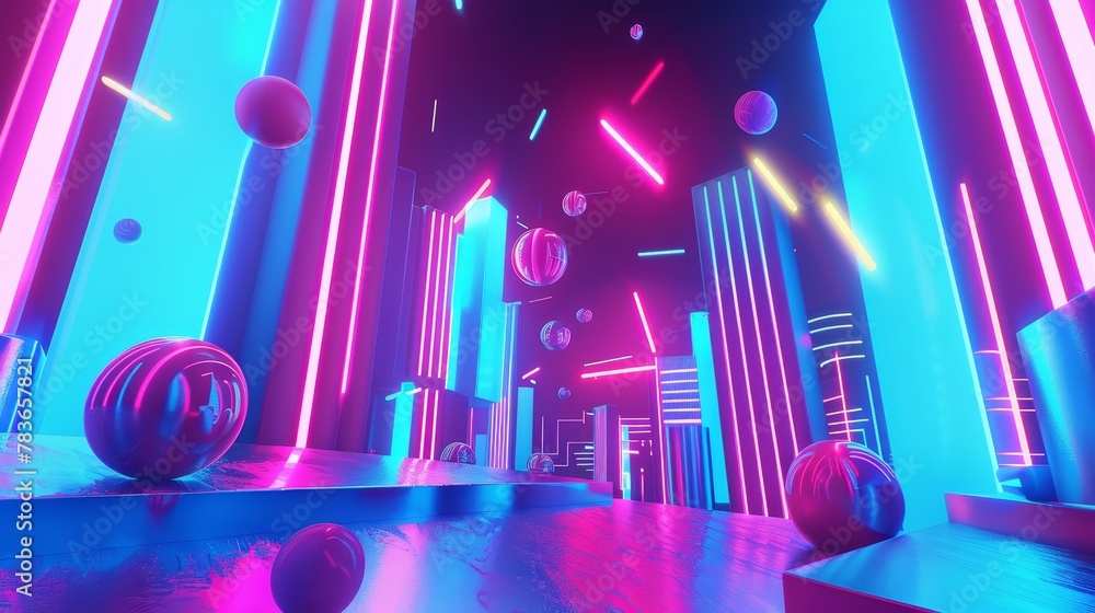 Aufkleber vibrant colors shining in a neon-lit world 3d style isolated flying objects memphis style 3d render 