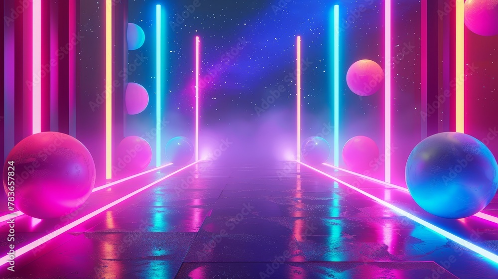 Poster vibrant colors shining in a neon-lit world 3d style isolated flying objects memphis style 3d render 