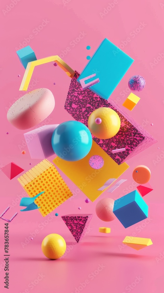 Poster vibrant geometric shapes floating in an abstract 3d world 3d style isolated flying objects memphis s