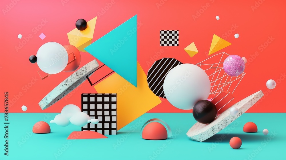 Poster vibrant geometric shapes floating in an abstract 3d world 3d style isolated flying objects memphis s