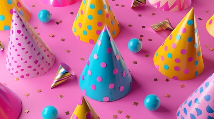 Vibrant party hats in a 3d render 3d style isolated flying objects memphis style 3d render  AI generated illustration