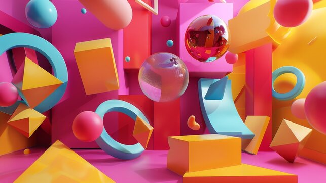 Vibrant geometric shapes floating in an abstract 3d world 3d style isolated flying objects memphis style 3d render  AI generated illustration