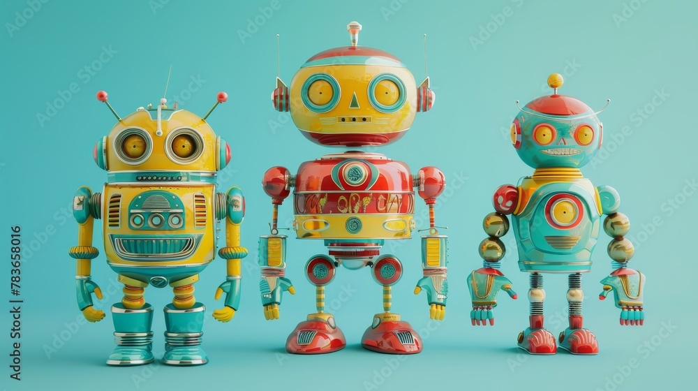 Aufkleber vintage-inspired toy robots with a futuristic twist 3d style isolated flying objects memphis style 3