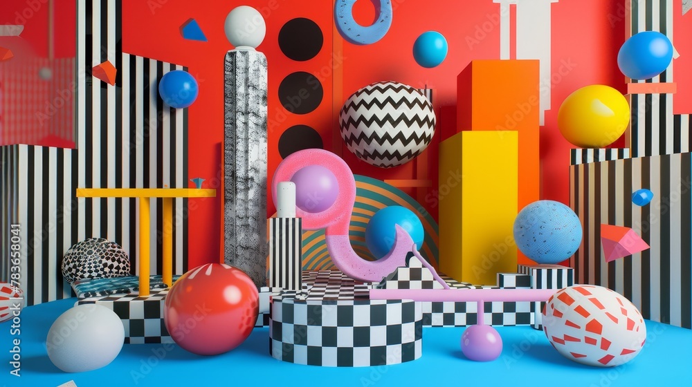 Poster vivid colors and bold patterns on flying objects 3d style isolated flying objects memphis style 3d r