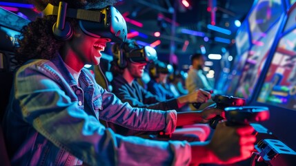 Fototapeta na wymiar Virtual reality arcades offer immersive experiences to the citys residents AI generated illustration