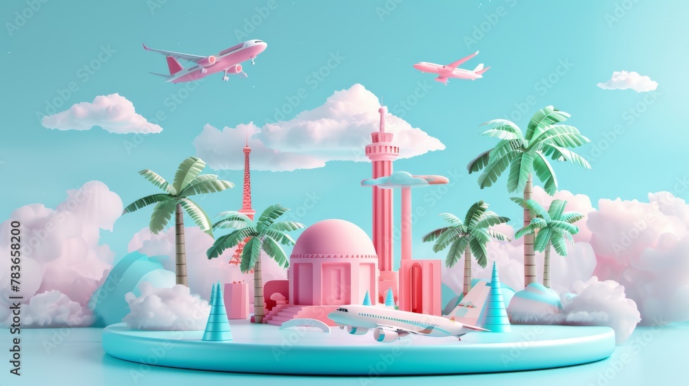 Poster whimsical 3d renderings of dreamy travel destinations 3d style isolated flying objects memphis style