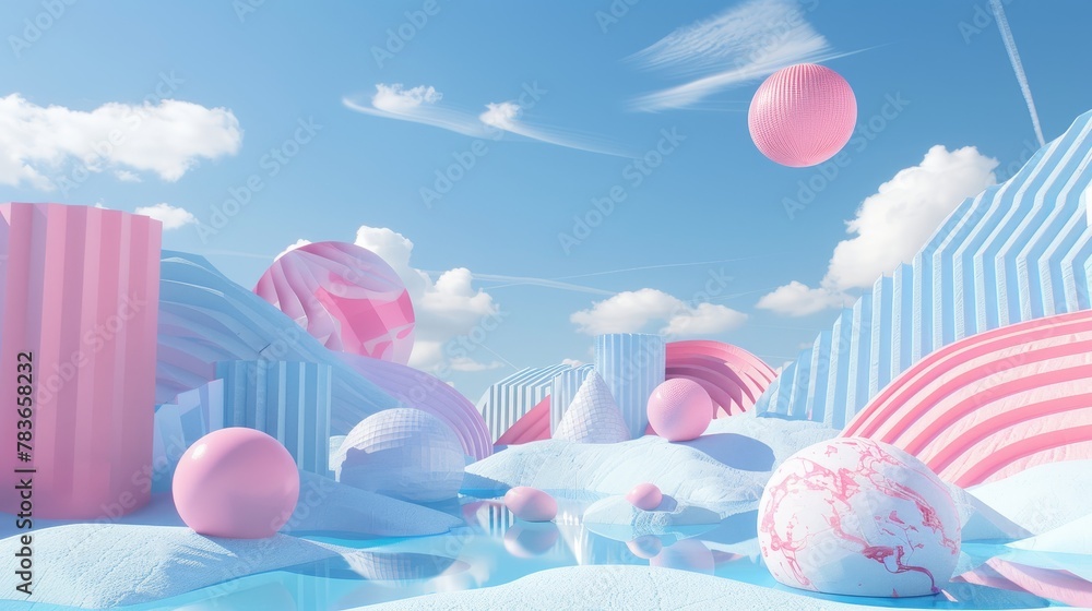 Poster whimsical 3d shapes floating in a surreal landscape 3d style isolated flying objects memphis style 3