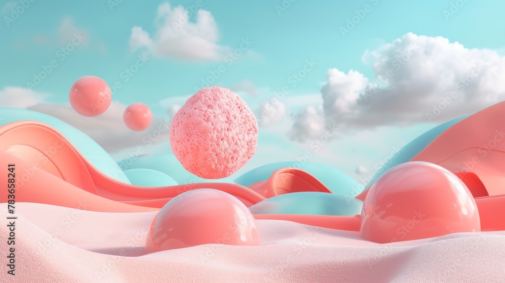 Poster whimsical 3d shapes floating in a surreal landscape 3d style isolated flying objects memphis style 3