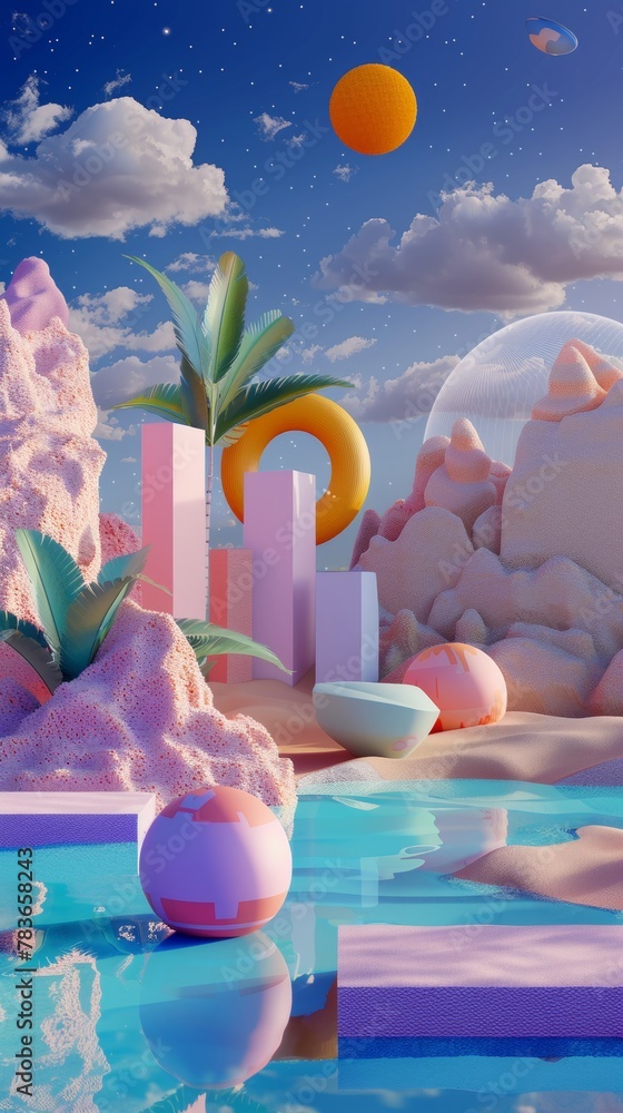Poster Whimsical 3d shapes floating in a surreal landscape 3d style isolated flying objects memphis style 3d render   AI generated illustration