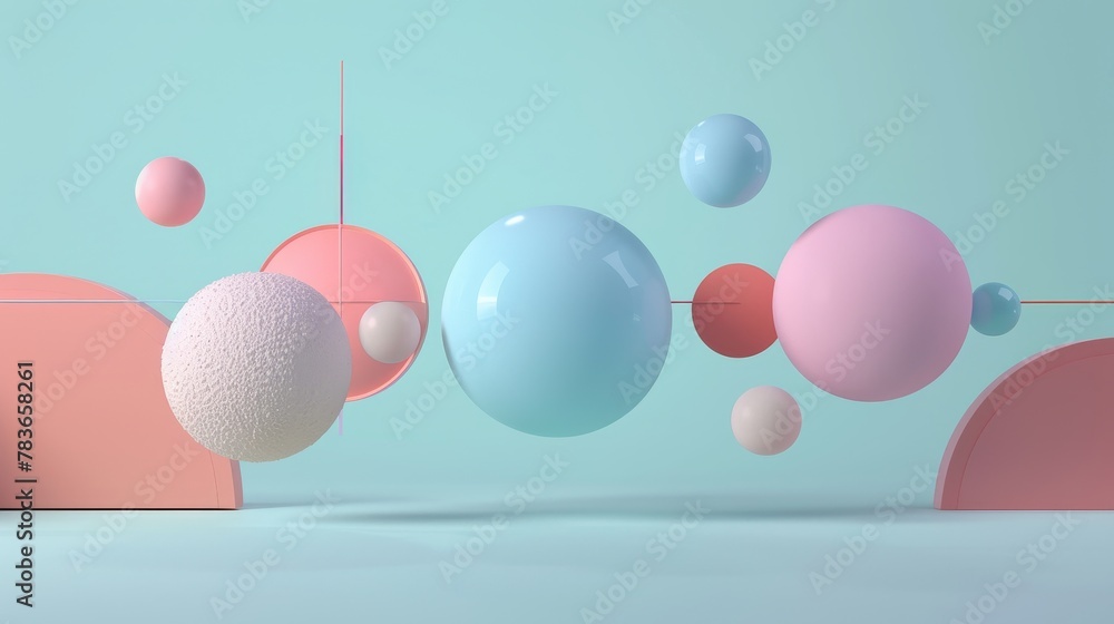 Poster whimsical 3d shapes suspended in a digital atmosphere 3d style isolated flying objects memphis style