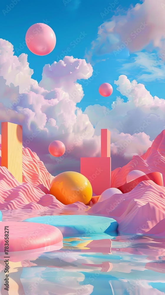 Poster whimsical 3d shapes floating in a surreal landscape 3d style isolated flying objects memphis style 3