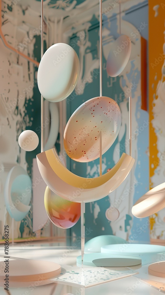 Poster whimsical 3d shapes suspended in a digital atmosphere 3d style isolated flying objects memphis style