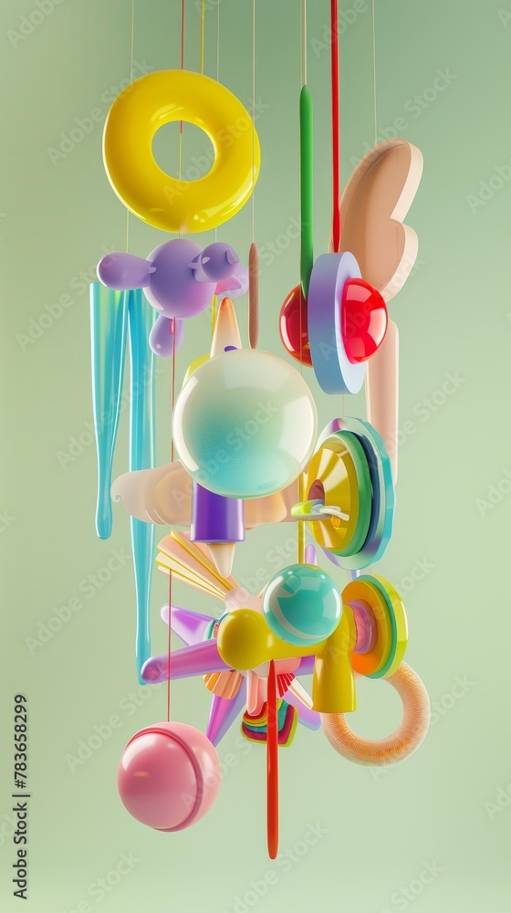 Poster whimsical and colorful objects suspended in mid-air 3d style isolated flying objects memphis style 3